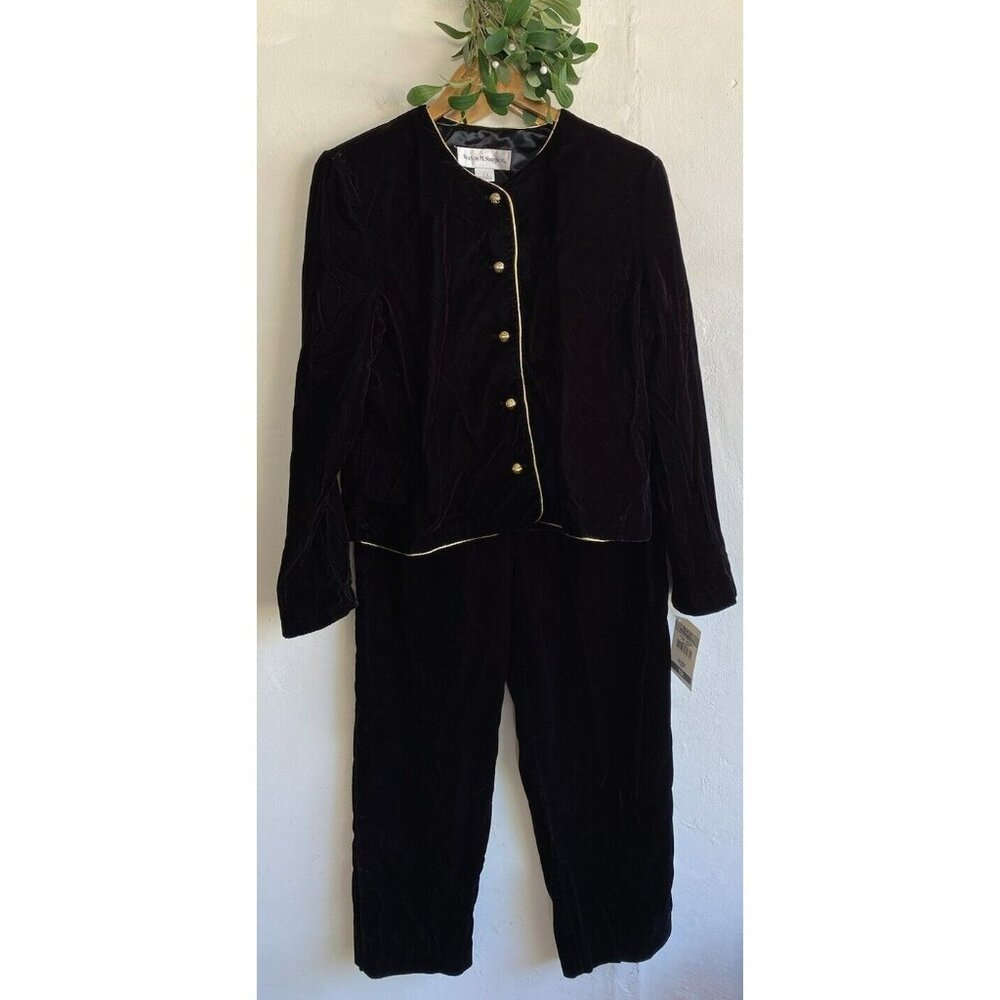 Vintage Norton McNaughton 2 Piece Pant Suit Size 12 Black Velvet Asian NWT